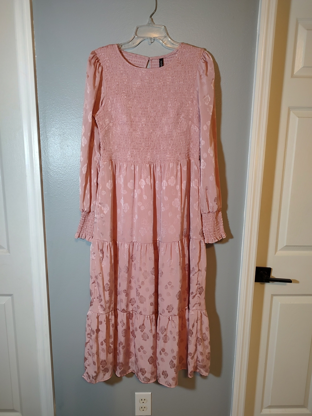 Long Sleeve Pink Tiered Maxi Dress with Smocked Bodice